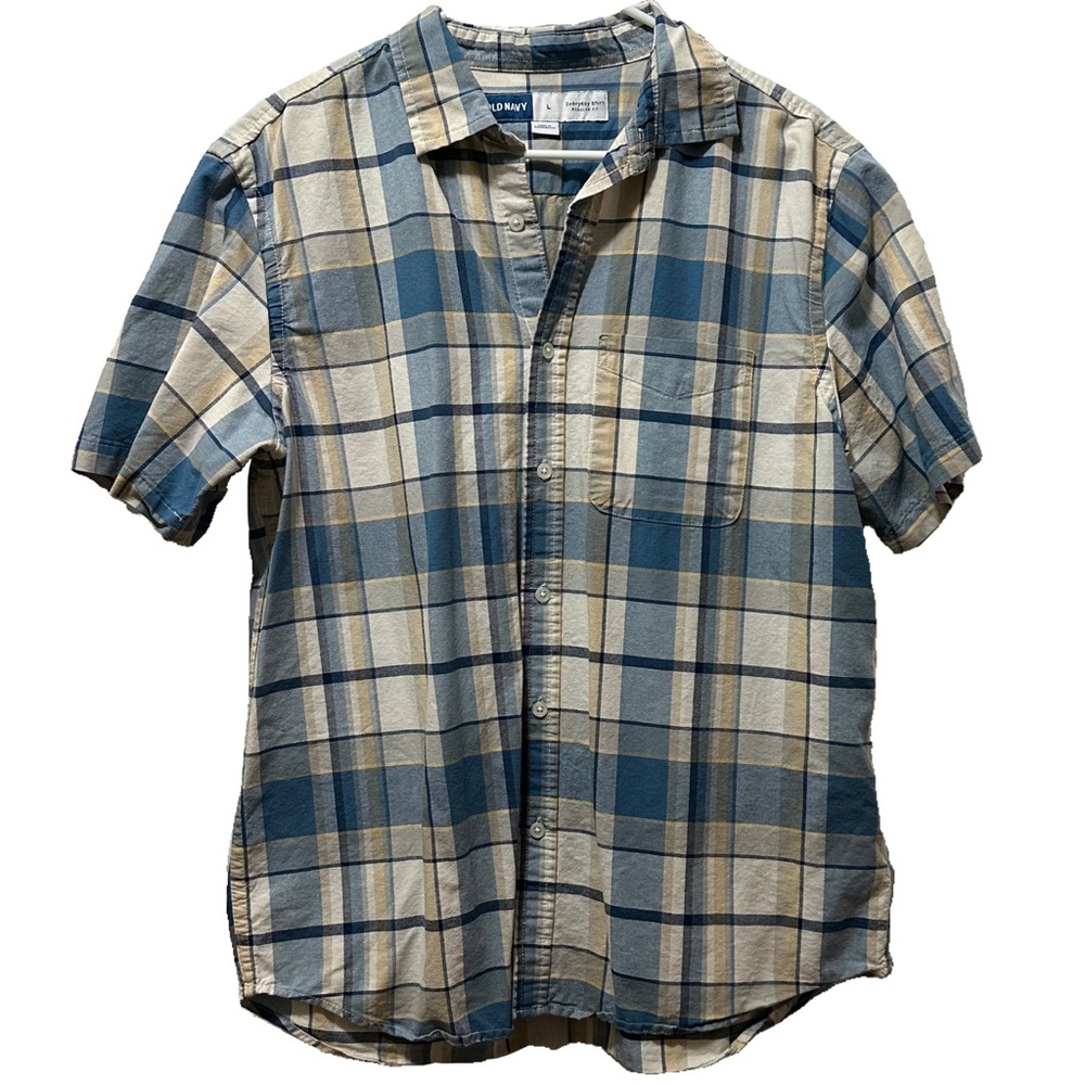 Old Navy Button Up Shirt Men's Size Large Blue White Tan Plaid Short Sleeve